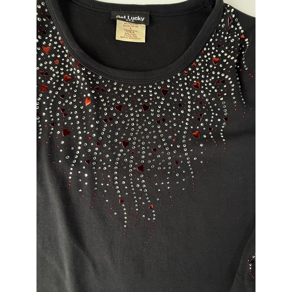 Get Lucky USA Womens L Black Rhinestone Heart Shirt Y2K 3/4 Sleeve Bling Top